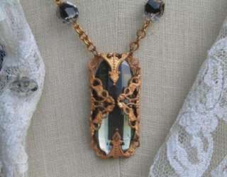 Vintage Hematite Glass Filigree Art Deco Glass necklace Black Copper 