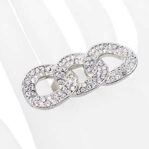  Chain Trio Link Crystal Pave Stretch Ring Silver Jewelry