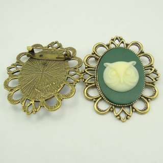Retro Style cameo pin brooch w/Green yellow Owl head cameo  