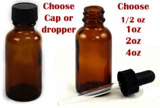 NEW Glass Boston Round Amber Bottle Dropper or Cap 1/2/4 OZ Essential 