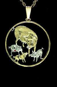 Pigs, Four Cut Coin Pendant Necklace 1 1/4 diameter  