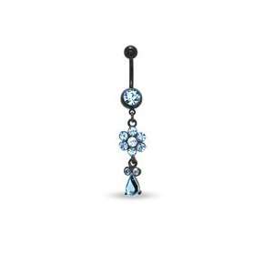 014 Gauge Flower Dangle Belly Button Ring with Blue Cubic Zirconia in 