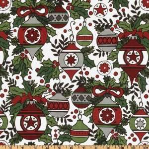  44 Wide Holly Jolly Ornaments White/Green Fabric By The 