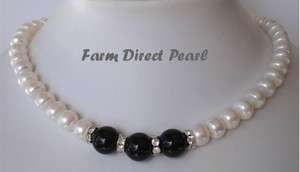 Genuine Freshwater White Pearl Necklace Black Onyx 18  