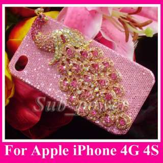 3D Rhinestone Pink peacock Bling Crystal Case cover for iPhone 4 4G 4S 