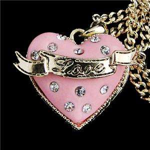 Pink Love Heart Necklace Pendant Clear Swarovski Crystal  