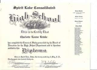 Spirit Lake, Iowa 1936 High school Diploma  