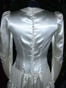 Vtg OFF WHITE IVORY Shiny SATIN Wedding Gown Dress LACE Ruched Bodice 