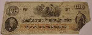   , 1862 CONFEDERATE STATES OF AMERICA ONE HUNDRED DOLLAR PAPER BILL