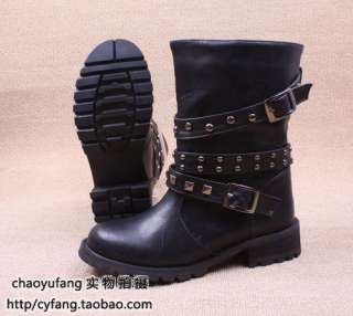 Lady Studs Buckle Strap Motorcycle Military Riding Boot  