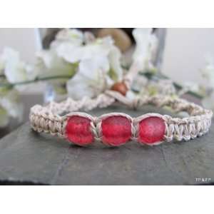  White Hemp Bracelet with Red Recycled Glass Beads 