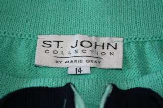 ST JOHN COLLECTION KNIT JACKET & SKIRT & TOP 3 PIECE SUIT NAVY GREEN 