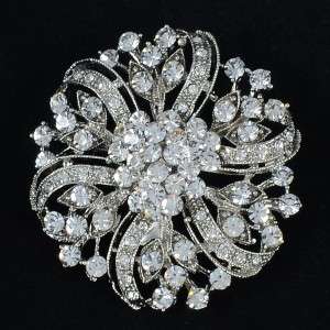 Clear Swarovski Crystal Round Flower Brooch Pin Bridal Floral  