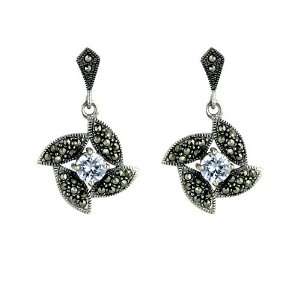   Cubic Zirconia Stone with 4 Marquis Sided Leaves Dangle Earring Post