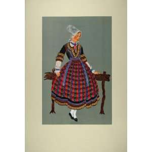  1929 Pochoir Woman Costume Breton Lace Cap Brittany   Orig 