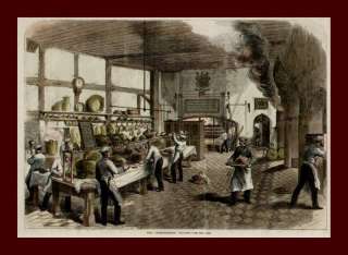 Huge Kitchen, Cooks, Oven, hand colored engraving antique 1867  
