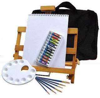WATERCOLOR PAINTING TABLE EASEL ART SET w/PAINT, BRUSHES, STORAGE BAG 