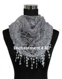 Triangular Floral Lace Scarf Wrap Crochet Edging, Gray  