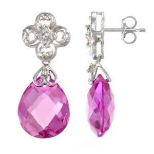 10k White Gold Clover Design Diamond Pink Topaz Briolette Earrings(6 