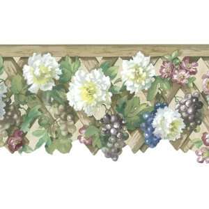  Flowers and Fruit on Lattice Ecru Wallpaper Border in Mulberry 