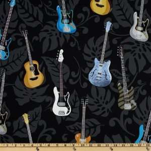44 Wide Tropicals and Conversationals Guitars Black Fabric By The 