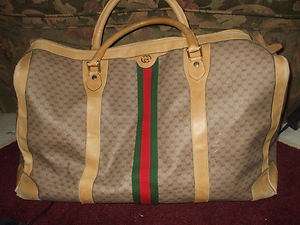 VINTAGE GUCCI LARGE DUFFLE BAG W GRN/RED STRIPE & GG FRONT TAN LEATHER 