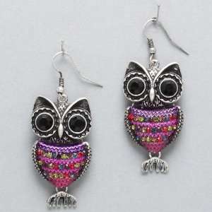  Womens Earrings, Owl, 1 W, 2 1/4 L , Silver Multi Color 