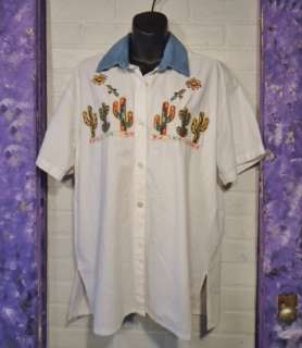 White Cotton Southwest Embroidered Shirt ~ PASSION ~ Size M  