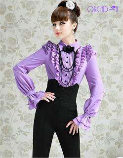 Brand Blouse Noble Luxury Victorian Purple Ruffles Black Bow Women 
