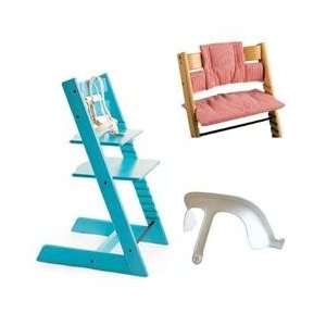   High Chair, Cushion, and Baby Rail   Turquoise with Red Stripe Cushion
