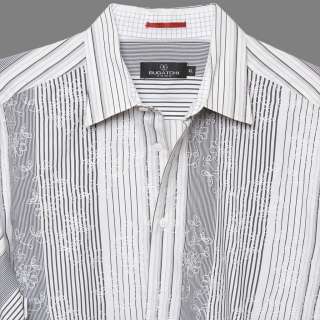   MENS CASUAL SHIRT BLACK WHITE STRIPES EMBROIDERED FLORAL XL  