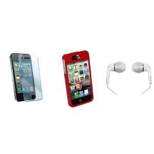   Kit for iPhone 4 w/ Red Rubberized Hard Case & White Earbud Headphones
