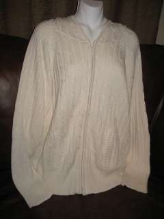 LEE IVORY COTTON CABLE KNIT SWEATER JACKET HOODY NWT 1X 083625376453 