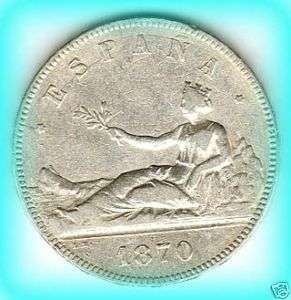 SPAIN   1870 M   5 PESETAS SILVER COIN. RARE   