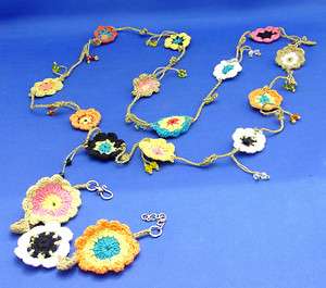 Unique Necklace & Bracelet Set Crochet Flowers Beads Colorful  