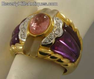 Pink Tourmaline Amethyst Rock Crystal Diamonds 18k Designer Ring 
