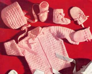Vntg Set Baby Sweater Cap Booties Knitting Pattern b  