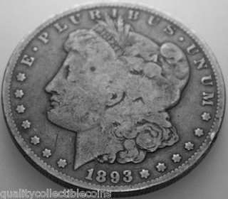 Morgan Silver Dollar, 1893 CC with Very Good details. You will receive 