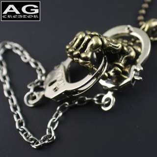 SKELETON HAND HOLDING HANDCUFF PENDANT CHAIN NECKLACE  