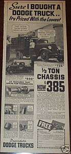 1934 DEPENDABLE DODGE TRUCKS1/2 TON CHASSIS $385. AD  