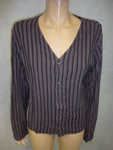 CP Shades Purple Black Striped Rayon Linen Button Up Blouse Top Shirt 