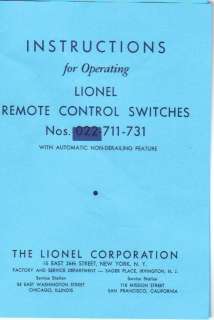LIONEL PREWAR No.711 731 INSTRUCTIONS for T RAIL SWITCH  