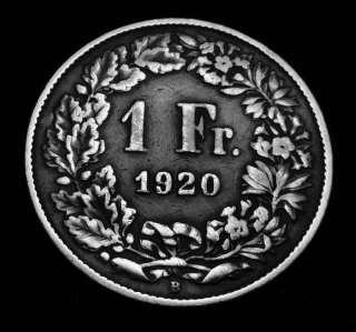 ONE Rare Switzerland Coin Swiss Helvetia 1920 B 1 Silver Franc  