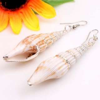   Natural White Sea Shell Beads Silver Line Dangling Hoop Long Earrings