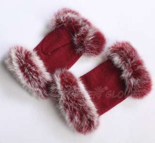   Womens Stretch knit winter warmer wool rabbit fur fingerless gloves