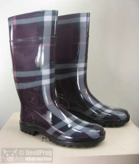 NIB BURBERRY Check Print Tall Rain Boot Purple EU 41/US 11 BRAND NEW 