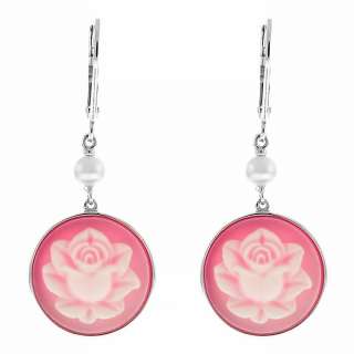 Sterling Silver Pink Flower Cameo Lever Back Earrings With Natural 
