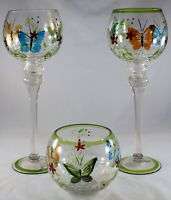 Hand Painted Crackle Glass Butterfly Candle Holders  