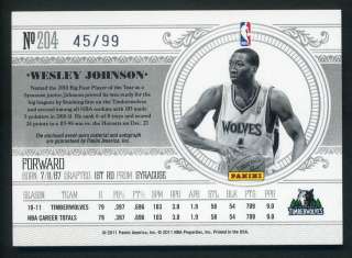    11 National Treasures Basketball Wesley Johnson Rc Rookie Auto 45/99