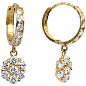  14K Yellow Gold CZ Flower Huggy Earrings Jewelry